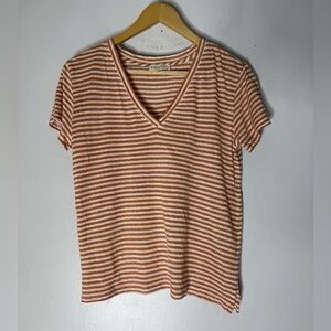 haven well within Brown White Stripe‎ V Neck Short Sleeve Linen Shirt Small